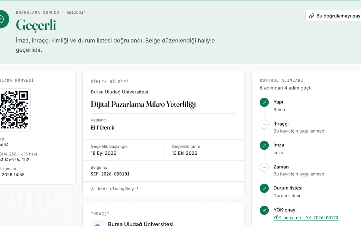 Doğrulama sayfasında Geçerli sonucu, kimlik bilgisi ve kontrol adımları listesi