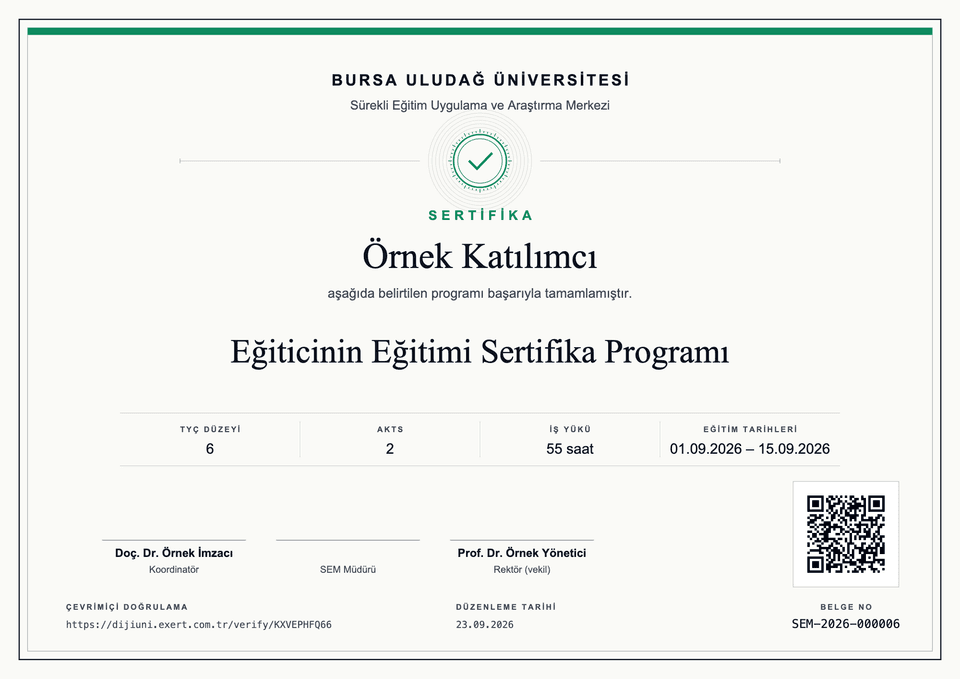 Bursa Uludağ Üniversitesi SEM örnek sertifikası; TYÇ 6, 2 AKTS, QR kod ve SEM-2026-000006 belge numarası
