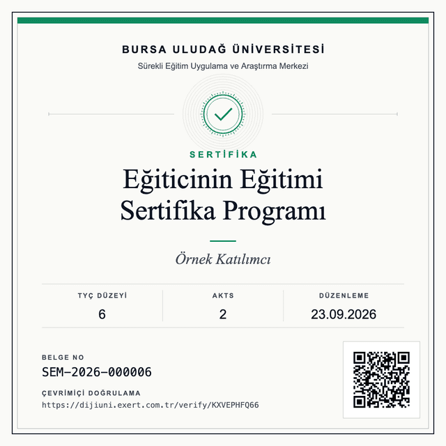 Mikro Yeterlilik Rozeti şablonuyla üretilmiş örnek rozet: Eğiticinin Eğitimi Sertifika Programı, SEM-2026-000006