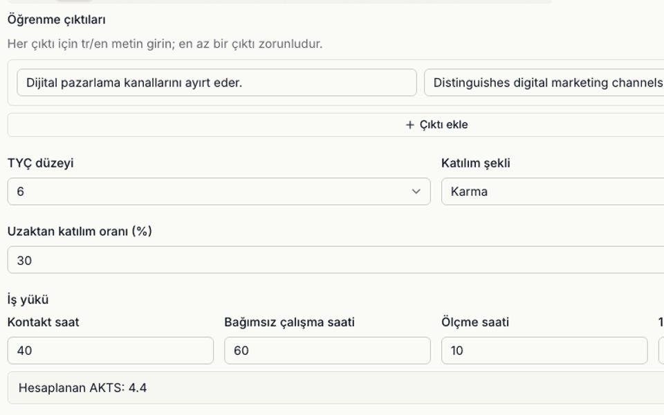 Program ekranında EK-1 sekmesi